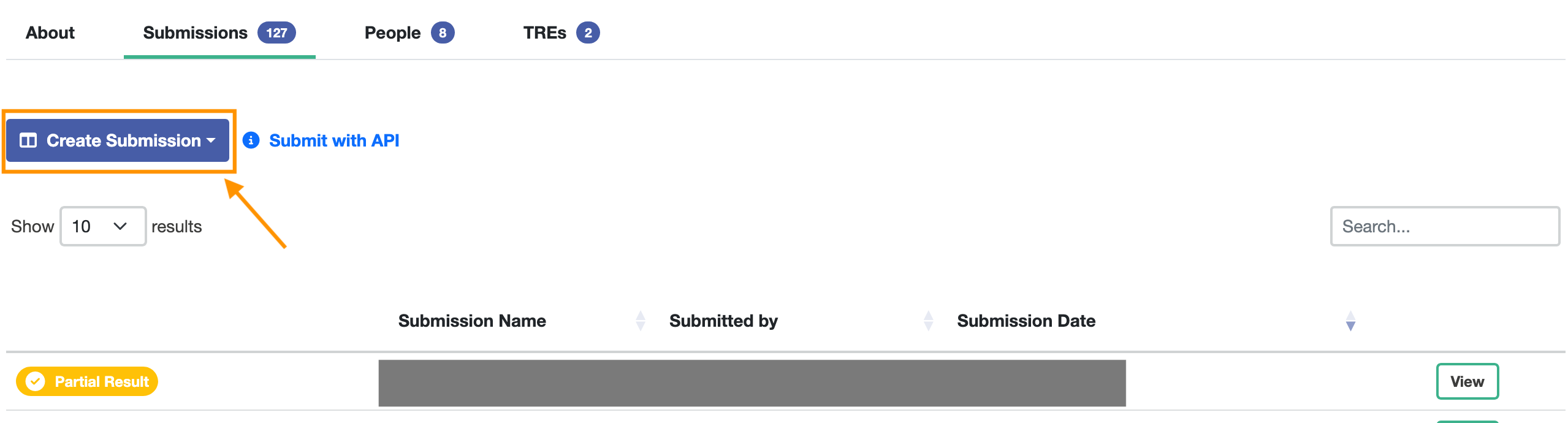 A screenshot of the Submissions view, hightlighting the button used for the wizards