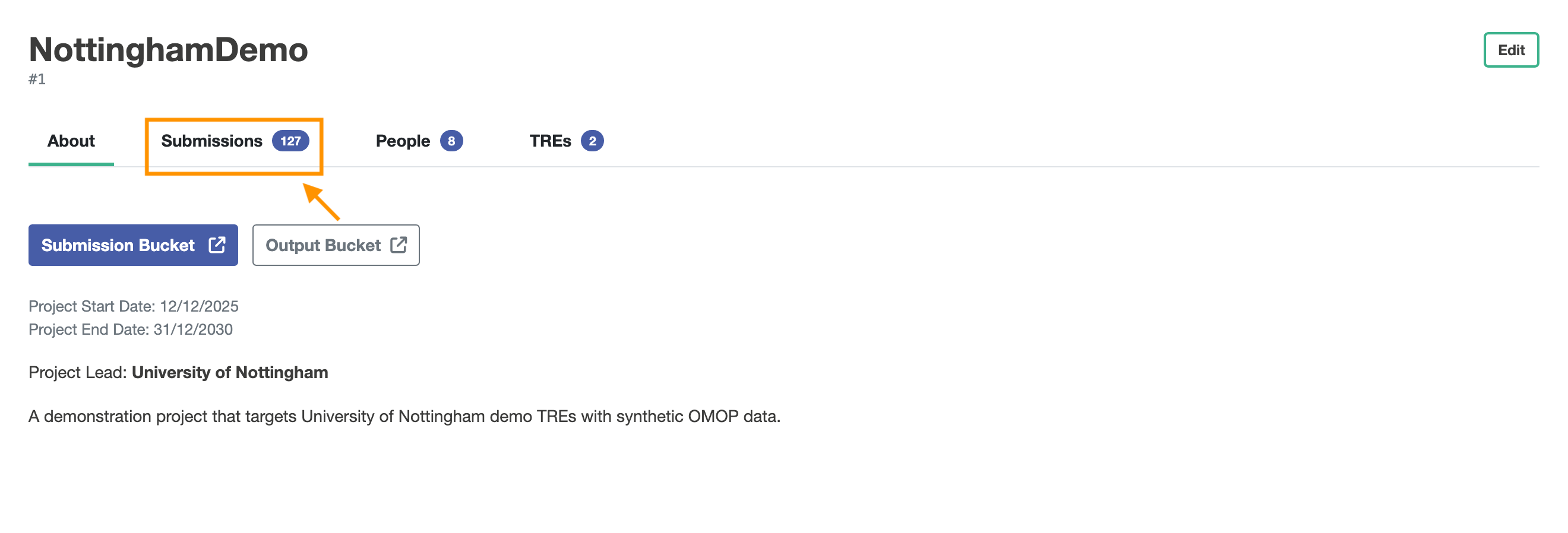 A screenshot of a project, highlighting the link to the submissions