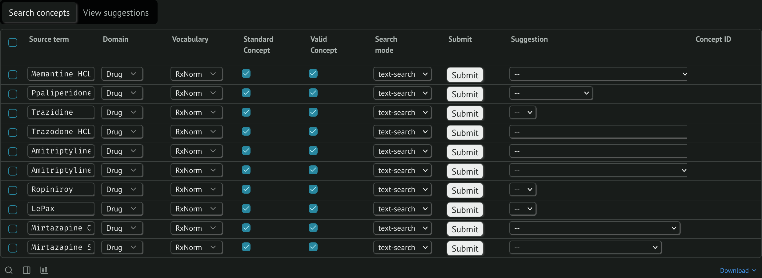 Example image of the search table